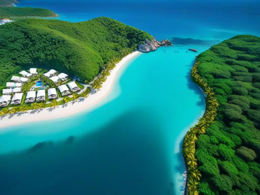 Paraíso costero de lujo: villas, yates y exclusividad Una vista aérea deslumbrante de una lujosa comunidad costera, con propiedades exclusivas, aguas turquesas y exuberante vegetación