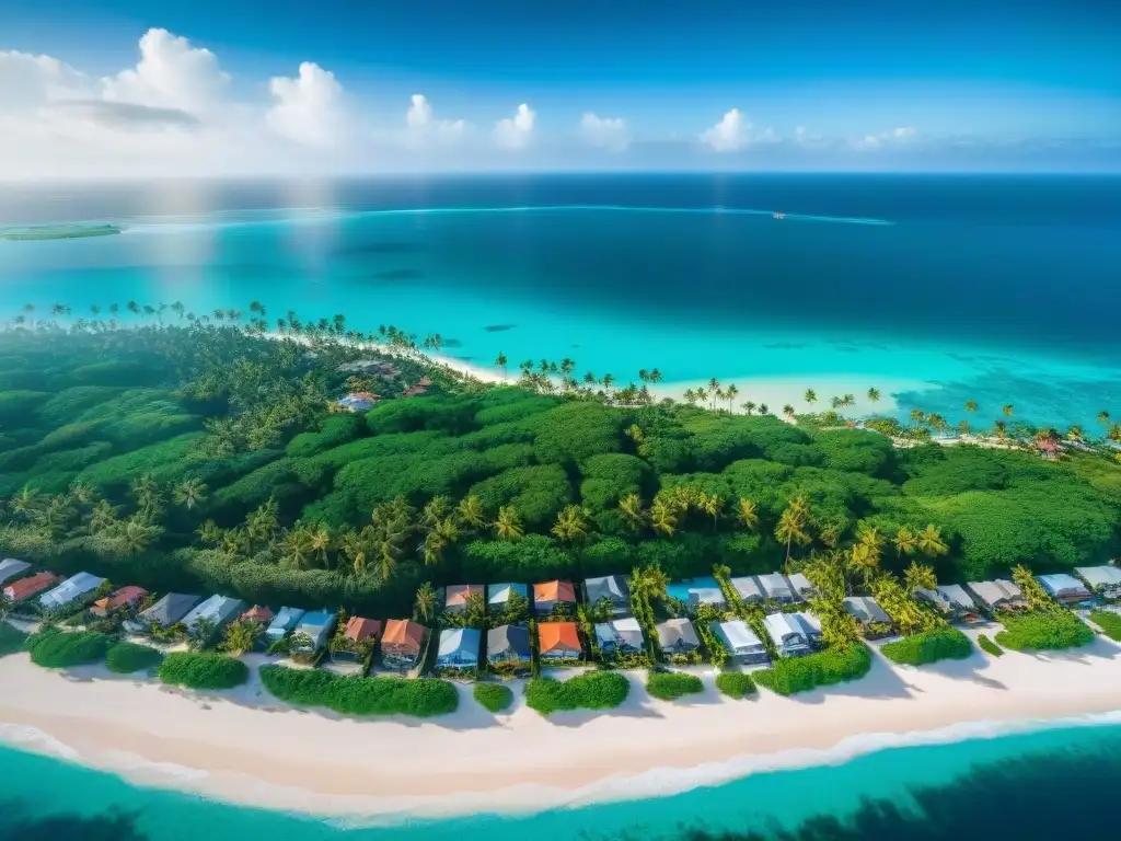Paraíso costero: aguas turquesas y playas blancas Vista aérea deslumbrante de pueblo costero con aguas turquesas, playas blancas y palmeras