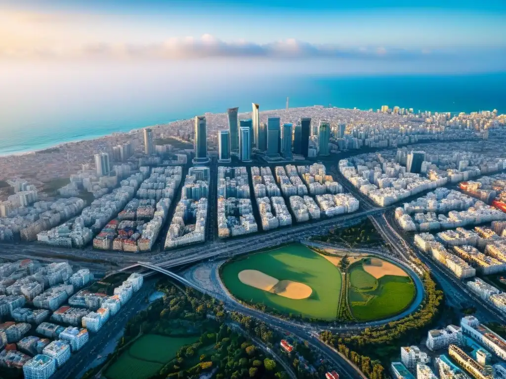 Skyline moderno de Tel Aviv: arquitectura diversa y desarrollo urbano Vista aérea detallada de Tel Aviv capital costera innovadora con Azrieli Towers y costa mediterránea vibrante