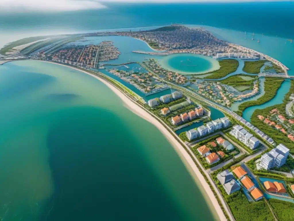 Infraestructura costera resiliente ante el aumento del nivel del mar Vista aérea detallada de una ciudad costera con soluciones subida del mar en sus construcciones, integrando innovación y resiliencia