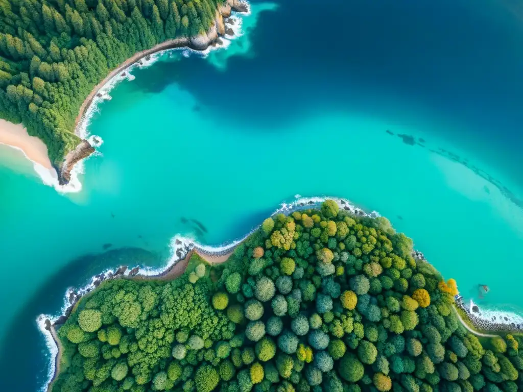 Costa pintoresca: zona costera en detalle Una vista aérea detallada de una costa pintoresca con aguas turquesas, playas doradas y exuberante vegetación