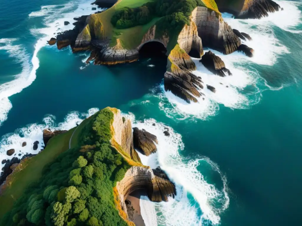 Inspección costera con dron: precisión en acción Vista aérea detallada de costa rocosa con olas, drone inspeccionando erosion
