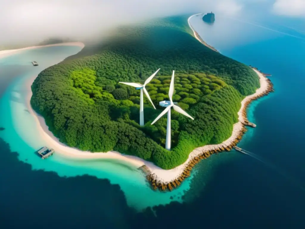 Desarrollo sostenible en costa: energía renovable y protección costera Vista aérea detallada de desarrollo sostenible en área costera con energías renovables y medidas innovadoras de control de erosión
