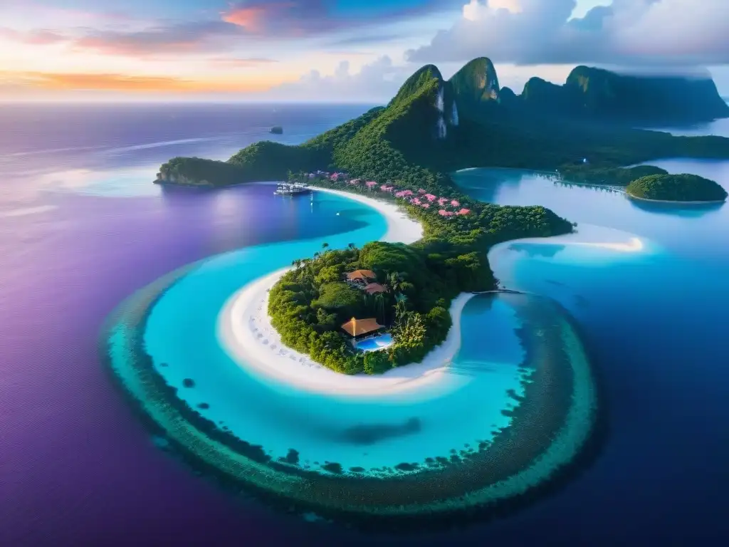 Exclusiva isla privada: lujo y opulencia en paraíso turquesa Vista aérea detallada de exclusiva isla privada con villas lujosas, piscinas infinitas, marina y atardecer vibrante