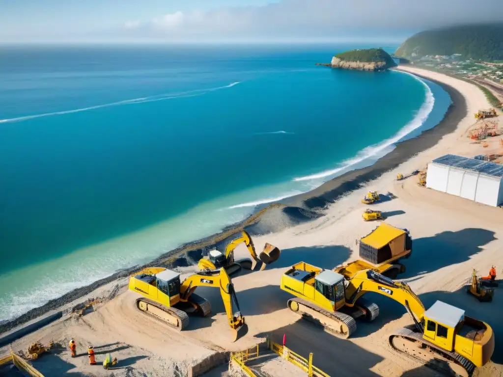 Proyecto de construcción costera: maquinaria pesada y vistas al mar Vista aérea detallada de una obra en la costa con maquinaria pesada y trabajadores con cascos