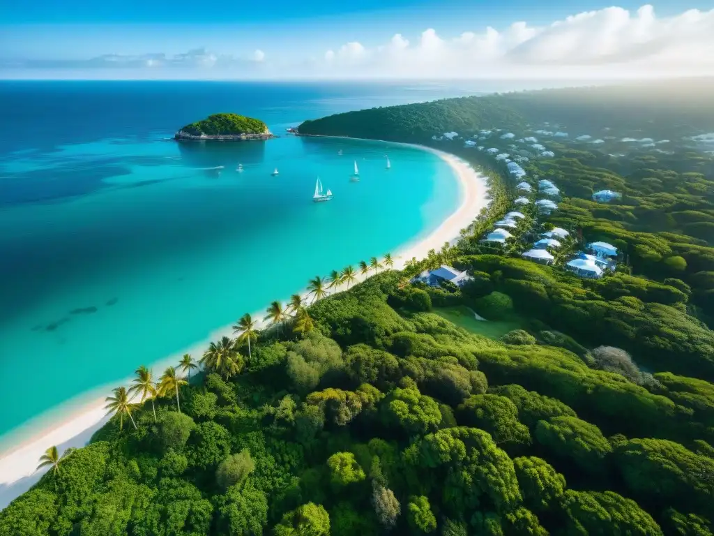 Paraíso costero de lujo: aguas turquesa y playas blancas Vista aérea detallada de paisaje costero exclusivo con aguas turquesa y playas blancas, destacando las mejores propiedades costeras del mundo
