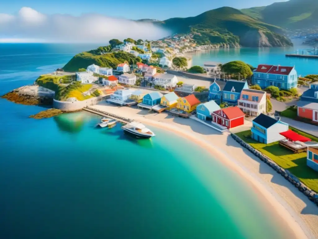 Vista aérea de pueblo costero: casas coloridas, barcos y gente disfrutando del mar Vista aérea detallada de un pueblo costero con casas coloridas en la orilla, barcos en la marina y personas paseando por el paseo marítimo