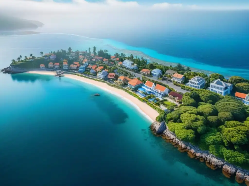 Costa paradisíaca: propiedades frente al mar Vista aérea detallada de un pueblo costero con propiedades elegantes, destacando la arquitectura moderna y tradicional frente al mar
