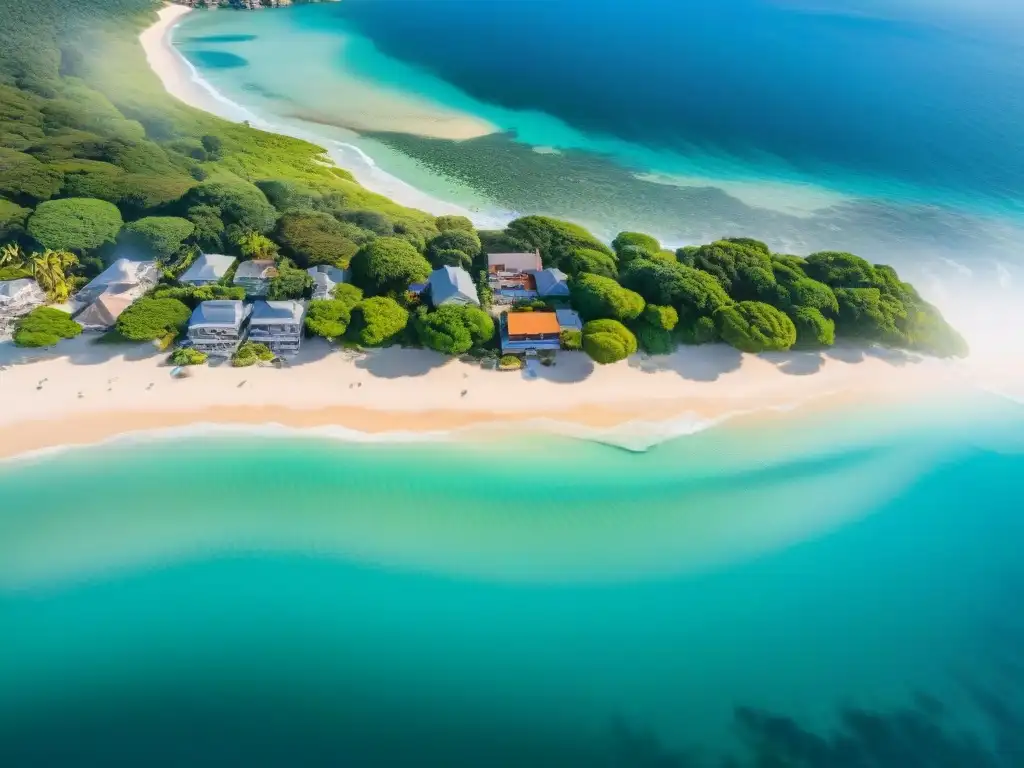 Cobertura premium para propiedades costeras en paraíso playero Una vista aérea detallada de un pueblo costero con propiedades de lujo frente a la playa, sombrillas vibrantes en la arena y aguas cristalinas, ideal para las mejores pólizas de seguro costero