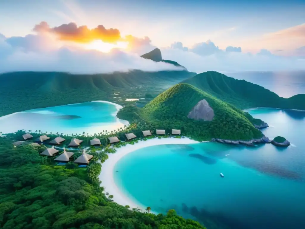 Paraíso ecológico: EcoResort en armonía con la naturaleza Vista aérea de un EcoResort entre exuberante vegetación y un océano turquesa, con botes pesqueros tradicionales en la costa