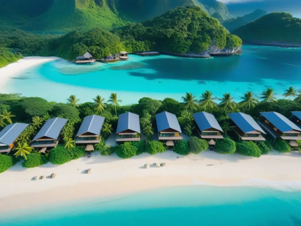Paraíso ecológico: bungalows sostenibles en armonía con la naturaleza Vista aérea de EcoResorts junto al mar sostenibles en armonía con la naturaleza tropical y el océano turquesa