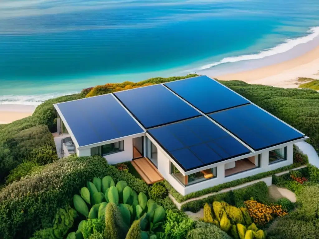 Restauración sostenible de propiedad costera: diseño ecoamigable integrado Vista aérea emocionante de restauración sostenible hogar costero con diseño ecoamigable y paisaje natural
