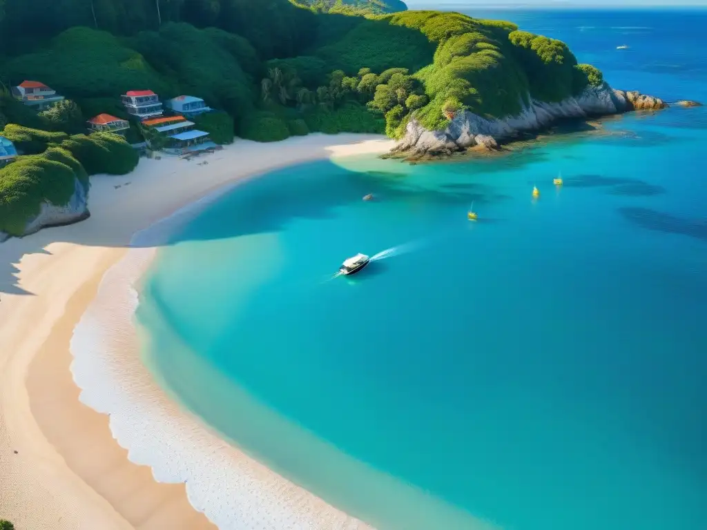 Paraíso costero: aguas cristalinas y playas pintorescas Vista aérea de un encantador pueblo costero con playas y propiedades frente al mar, ideal para buscar casa en las mejores aplicaciones móviles