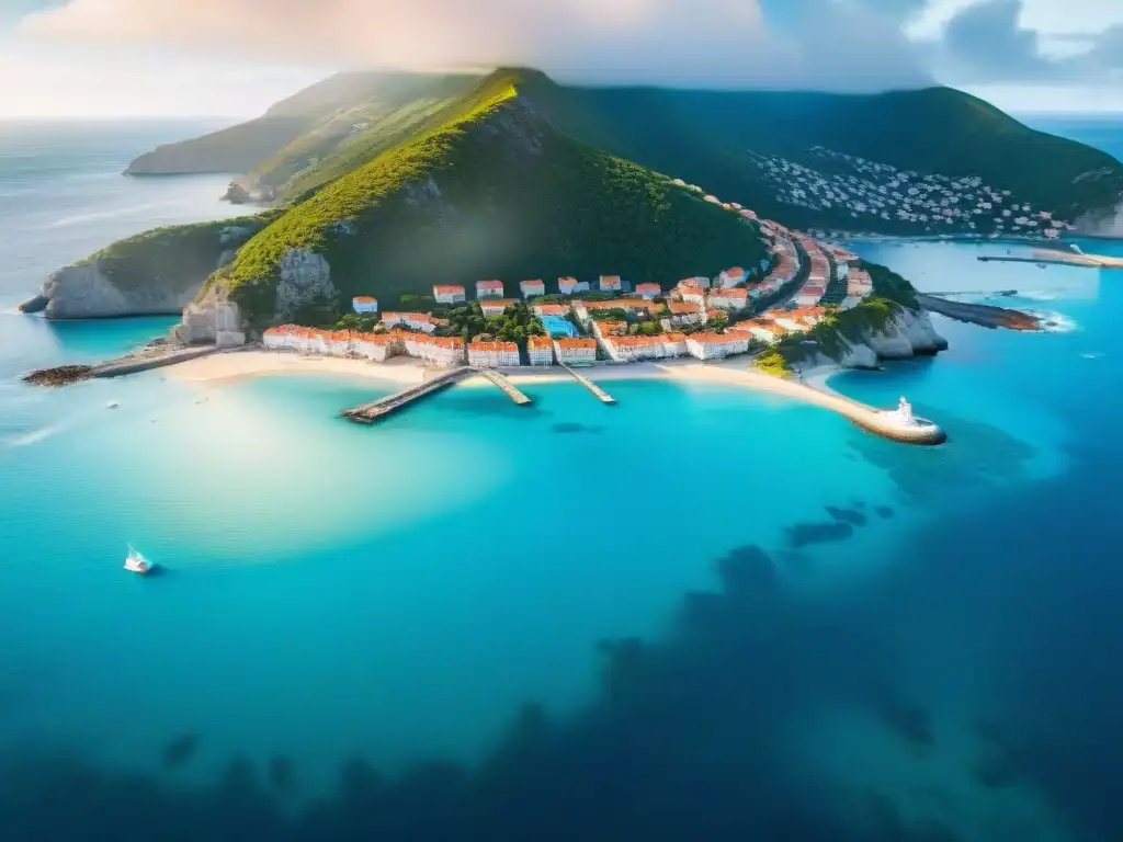 Costa paradisíaca: playas de ensueño y coloridos edificios a orillas del mar Vista aérea de un encantador pueblo costero con aguas azules, playas de arena y edificios coloridos en la costa