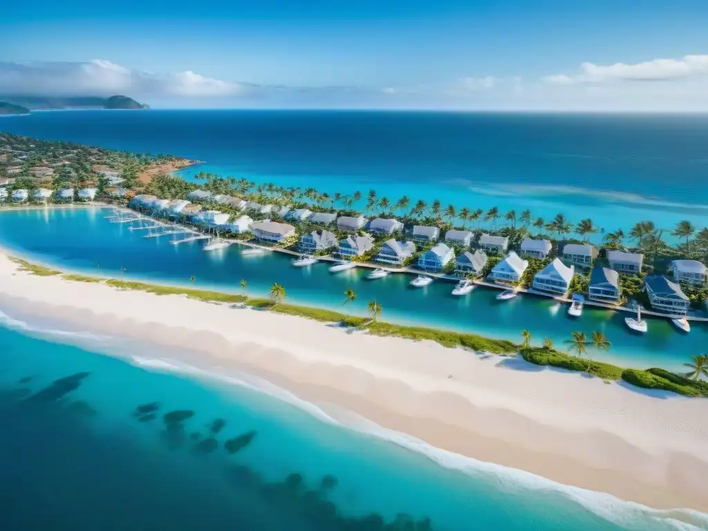 Costa idílica: casas de playa y modernas bajo cielo azul Vista aérea de un encantador pueblo costero con propiedades frente al mar, mezcla de arquitectura moderna y tradicional