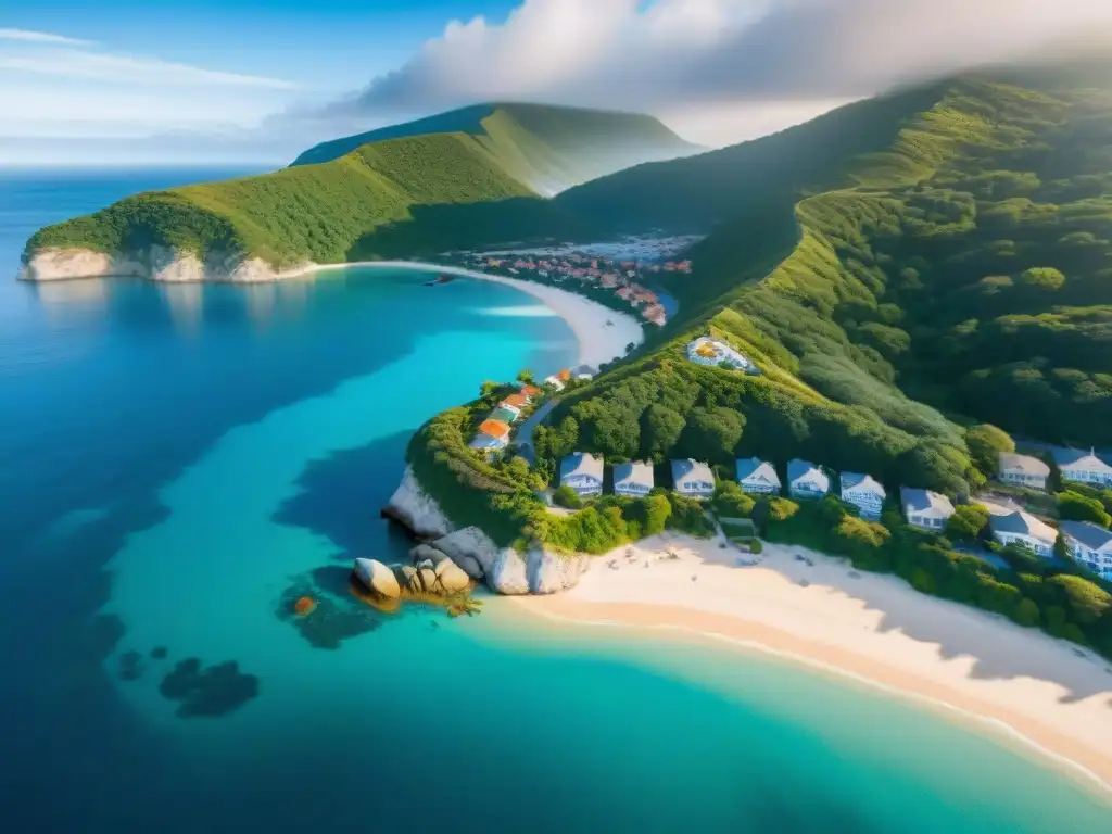 Encanto costero: arquitectura moderna y tradicional en un pueblo playero Vista aérea de un encantador pueblo costero con propiedades vibrantes en la playa