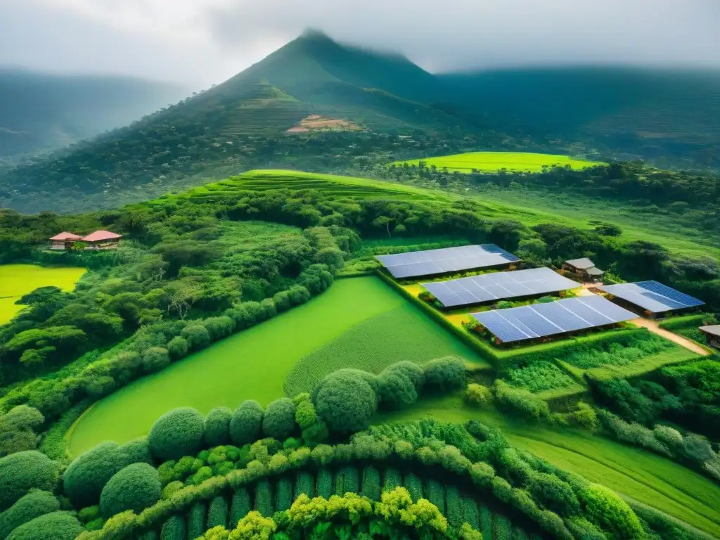 Vista aérea de Estancia Verde con innovaciones en sostenibilidad, paneles solares y naturaleza exuberante
