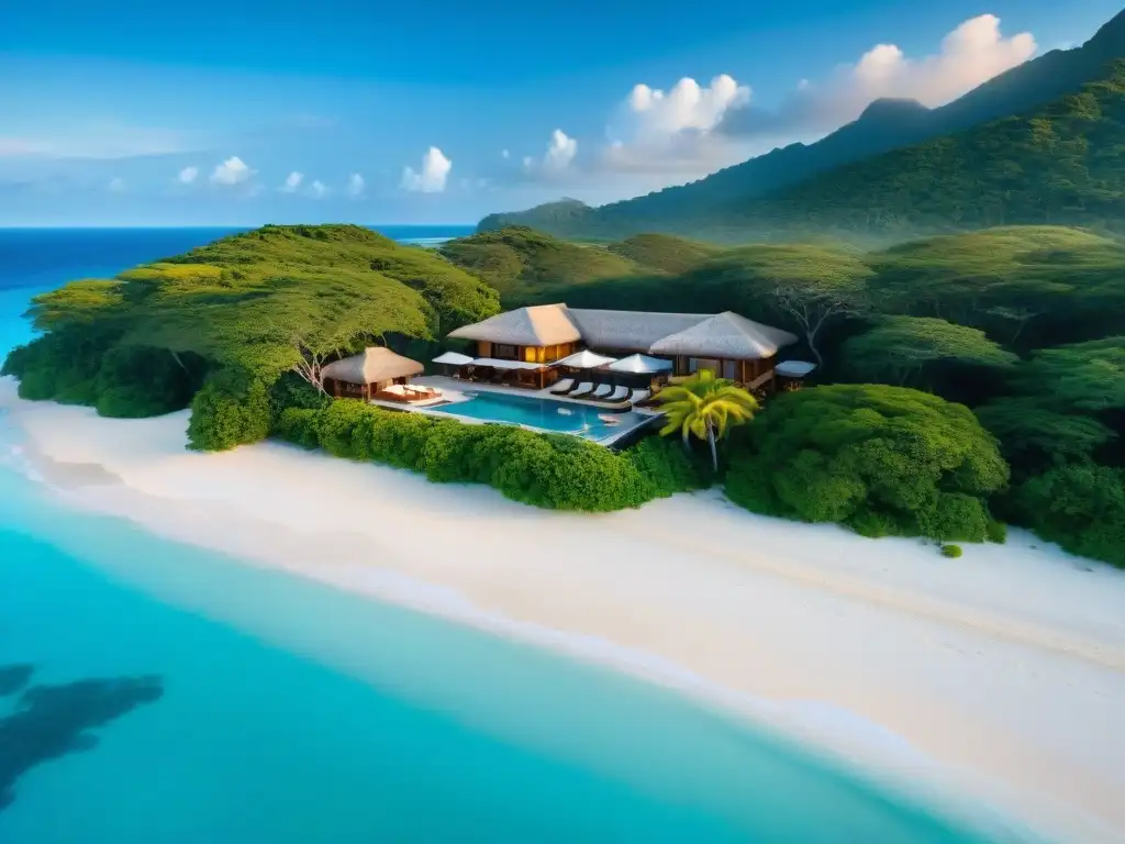 Hotel boutique de lujo en la costa: oasis paradisíaco Vista aérea de un exclusivo hotel boutique en la costa con infinity pool, cabanas privadas y jardines tropicales