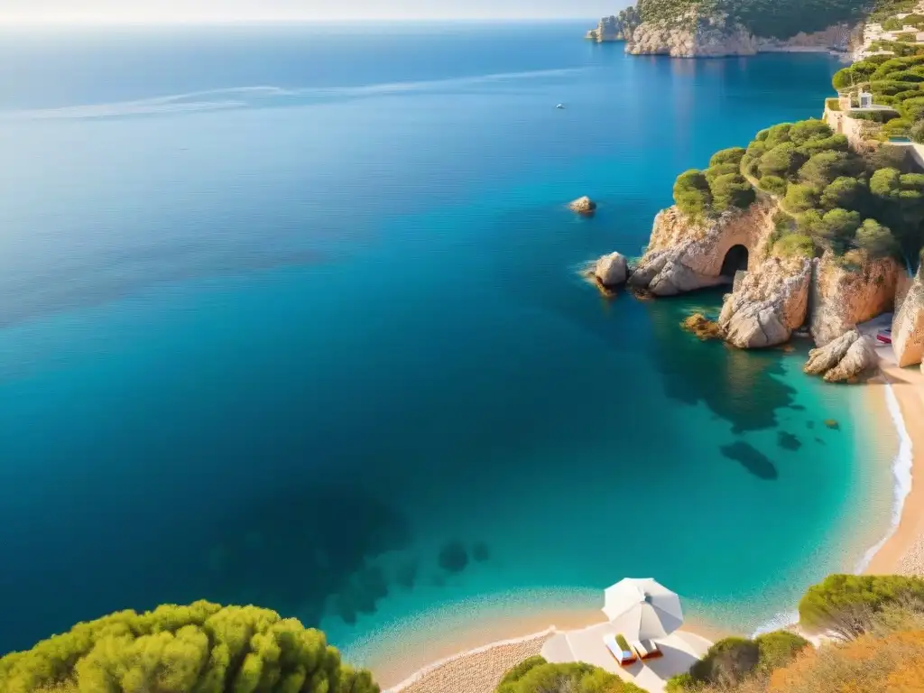 Hotel boutique de lujo en Costa Brava: oasis exclusivo en acantilado Vista aérea de exclusivo hotel boutique en acantilado de Costa Brava con piscina infinita y toallas