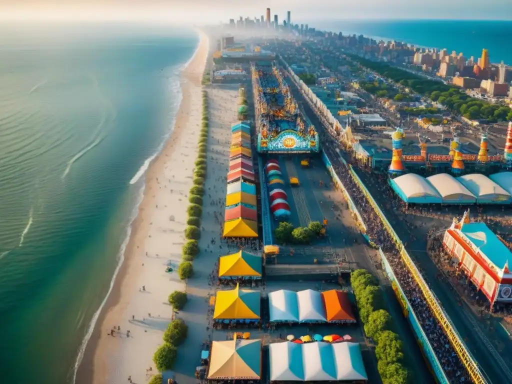 Renovación vibrante en Coney Island: progreso y diversidad frente al mar Vista aérea de Coney Island mostrando éxito urbano con renovaciones y diversidad, frente al mar
