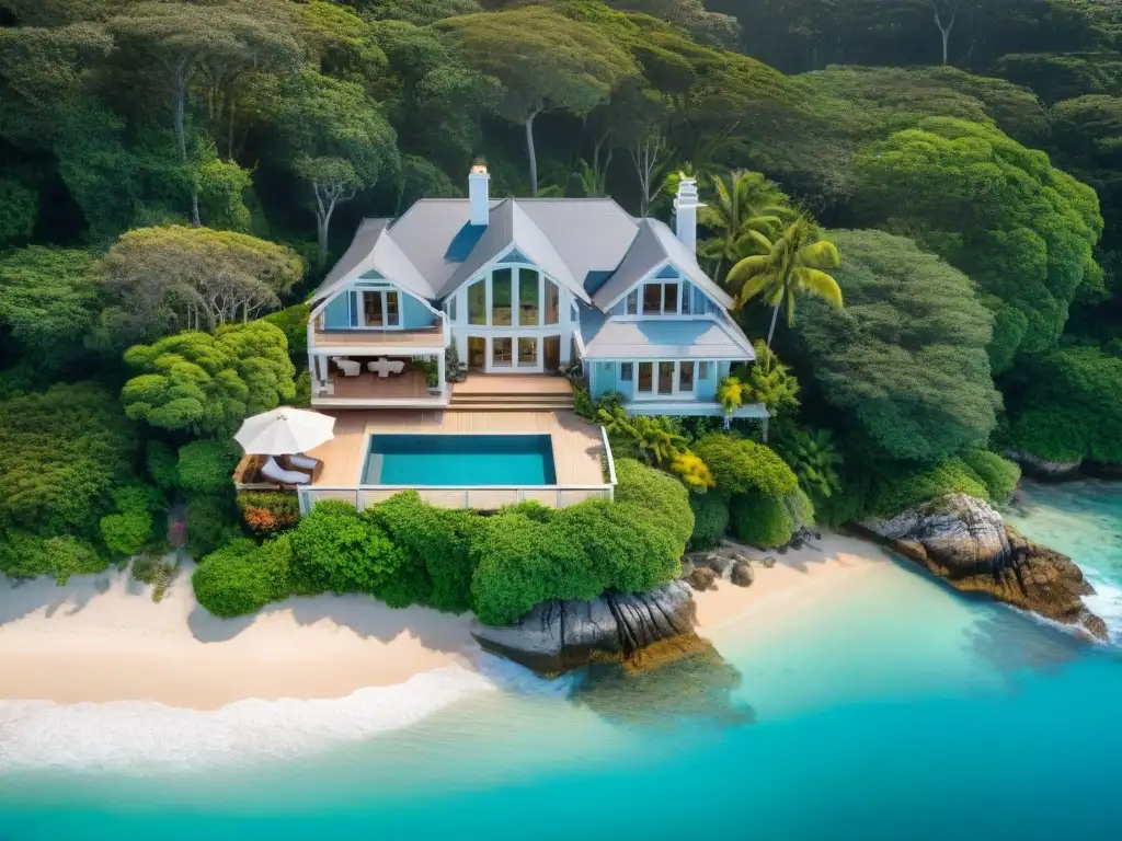 Residencia costera exclusiva: lujo y privacidad frente al mar Vista aérea de un hogar costero rodeado de exuberante vegetación, con playa privada y aguas cristalinas, destacando la protección de la privacidad
