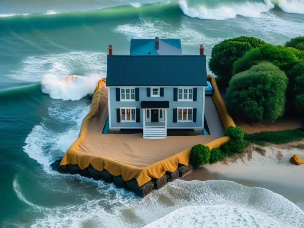 Resiliencia costera: hogar protegido por seguros frente al mar Vista aérea impactante de casa costera protegida por costales, olas turbulentas chocan