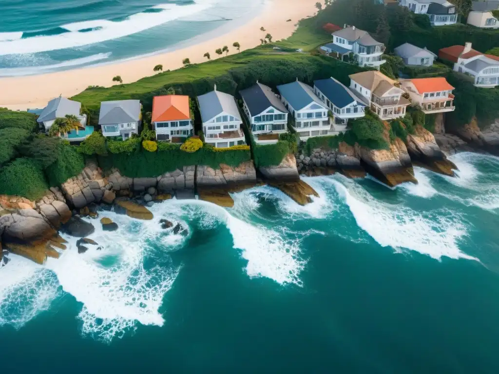 Acantilado de lujo: casas modernas frente al mar Vista aérea impactante: casas lujosas en borde mar, vulnerables al impacto del cambio climático en propiedades costeras