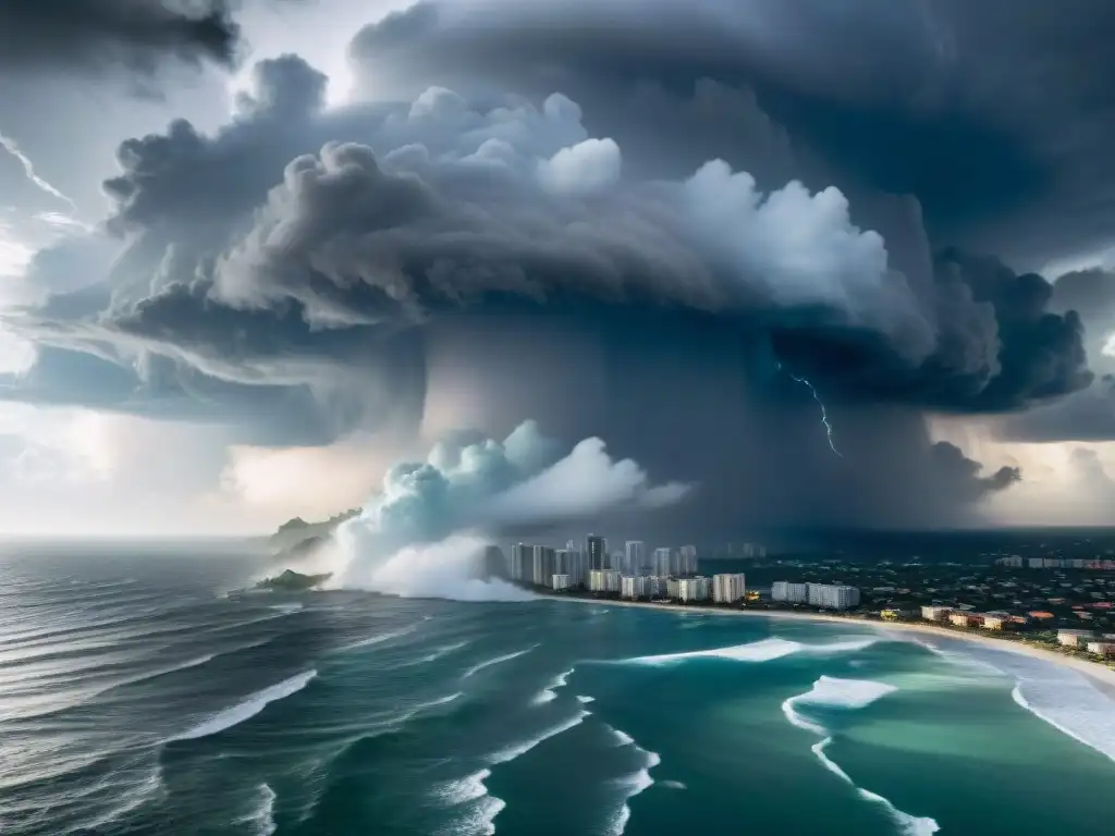 Catástrofe natural: ciudad costera bajo tormenta Vista aérea impactante de una ciudad costera durante un huracán, con nubes oscuras, olas gigantes y edificios protegidos, evocando pólizas premium cobertura tranquilidad huracanes