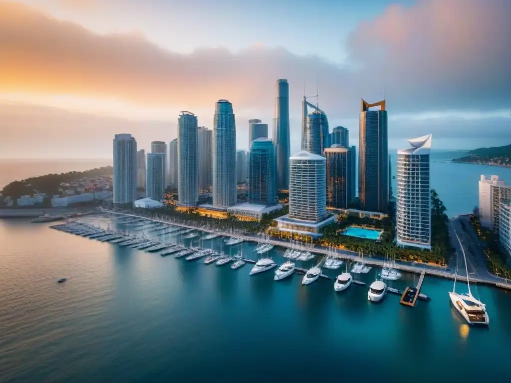 Skyline costero al atardecer: inversión inmobiliaria en REITs Vista aérea impactante de una ciudad costera al atardecer, con rascacielos modernos y el mar tranquilo reflejando los tonos cálidos del sol poniente