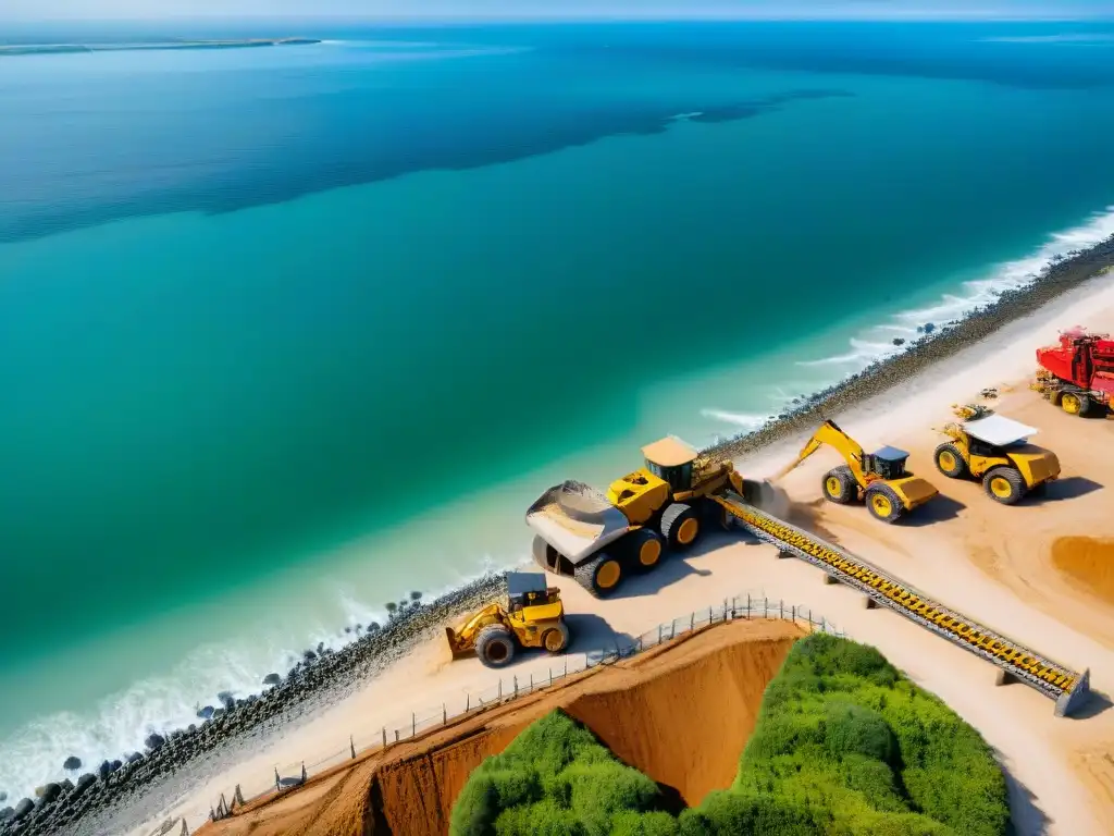 Proyecto costero: construcción frente al mar Vista aérea impactante de construcción costera: maquinaria pesada, obreros con cascos, proceso detallado
