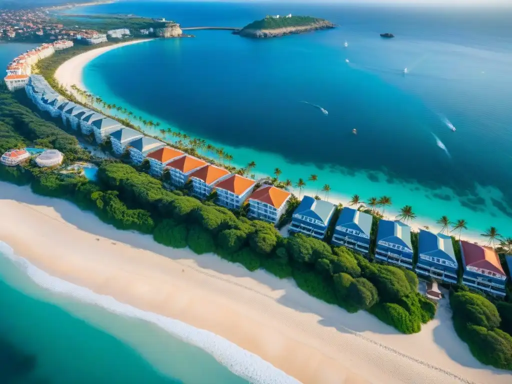 Costa paradisíaca: lujo y naturaleza en armonía Vista aérea impactante de hoteles en costa, resaltando el contraste entre naturaleza y estructuras