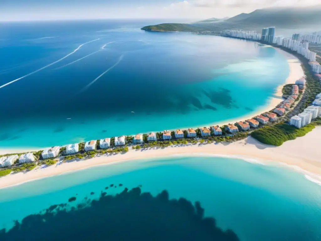 Costa postCovid: Desarrollo inmobiliario frente al mar Vista aérea impactante del mercado inmobiliario costero postCovid con edificios modernos y villas de lujo frente al mar