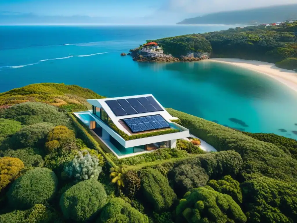 Propiedad costera futurista: lujo sostenible junto al mar en 2024 Vista aérea impactante de propiedad costera futurista con diseño sostenible y innovador, reflejando lujo y conciencia ambiental en 2024