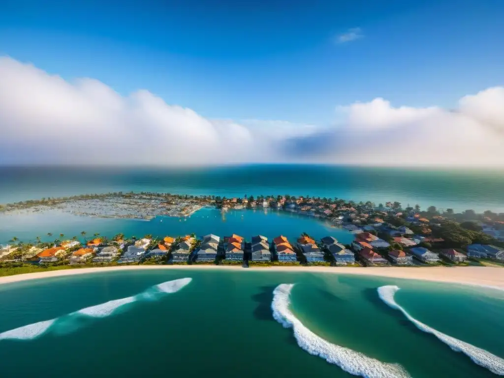 Desastre climático: ciudades costeras inundadas por el mar Vista aérea de impacto del cambio climático en mercado inmobiliario costero, con propiedades parcialmente sumergidas y otras intactas