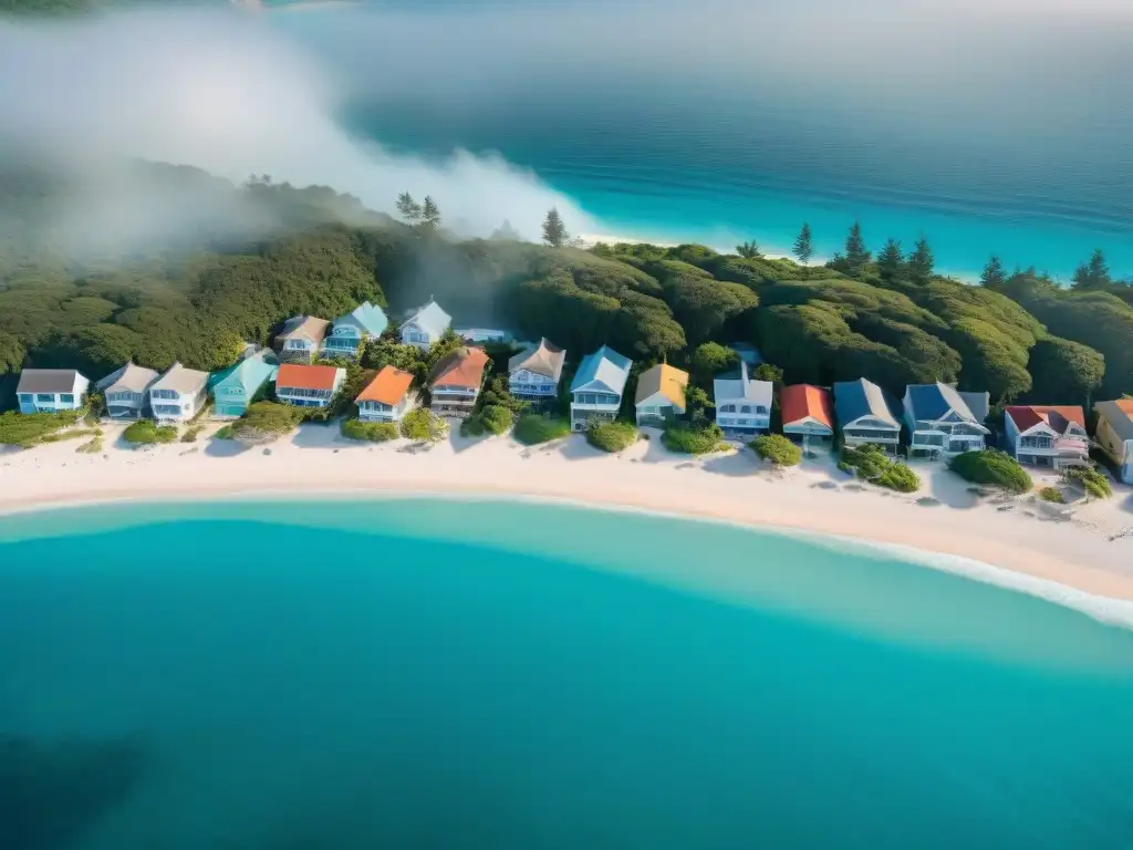 Paisaje costero: casas coloridas y riesgos climáticos Vista aérea de impacto cambio climático en propiedades costeras con casas coloridas y playa dorada