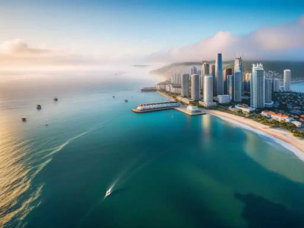Espléndida vista aérea de ciudad costera: modernos rascacielos junto al mar Vista aérea impresionante de una bulliciosa ciudad costera, destacando edificios modernos en la costa y el mar infinito