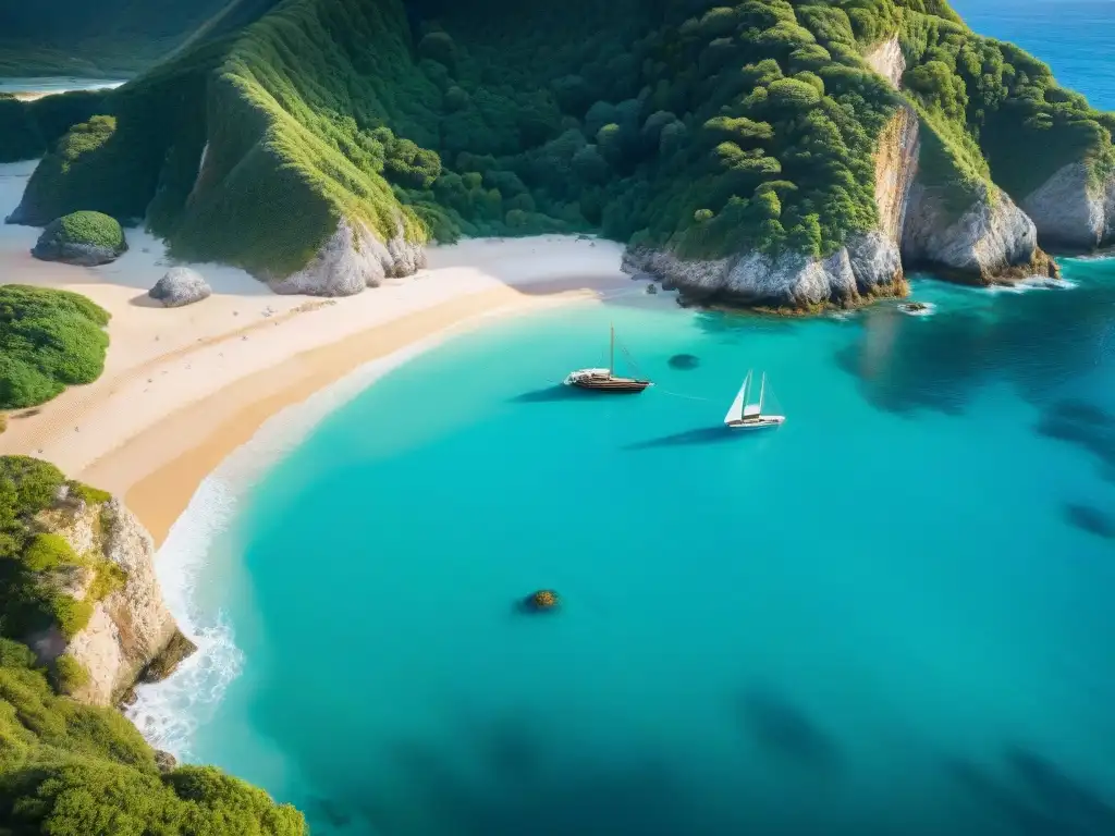 Paraíso oculto: playa solitaria de aguas turquesas y acantilados verdes Una vista aérea impresionante de una cala aislada con aguas turquesas cristalinas, rodeada de acantilados verdes y playas doradas