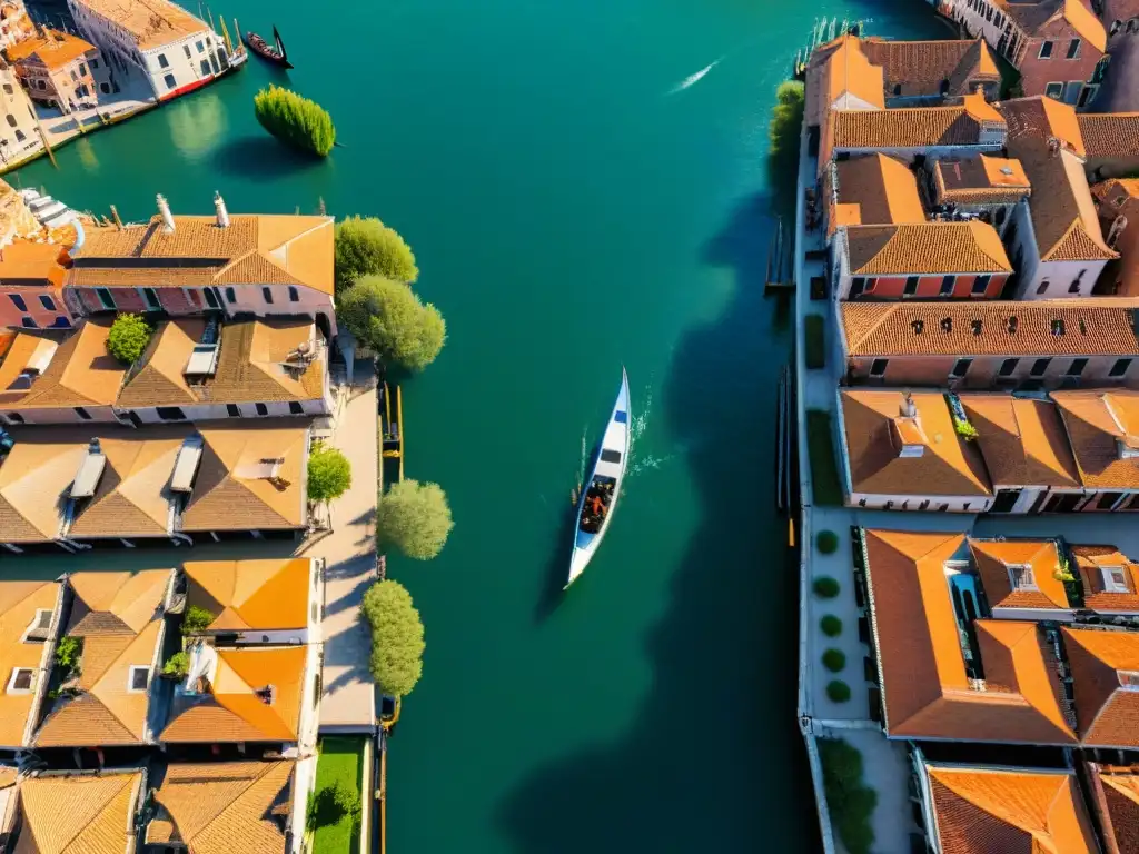 Venecia: encanto y desafíos ante el turismo masivo Una vista aérea impresionante de los canales de Venecia, destacando la necesidad de 'Sostenibilidad en Venecia turismo costero'