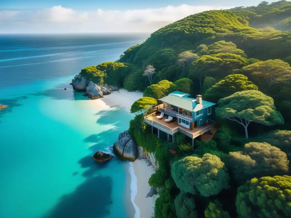 Hogar costero: vista aérea de ensueño sobre acantilado Vista aérea impresionante de casa costera en acantilado con decoración hogar estilo costero