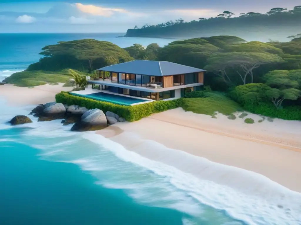 Vista aérea de casa moderna en la costa, lujo natural Vista aérea impresionante de casa moderna en costa, fusionando arquitectura con naturaleza