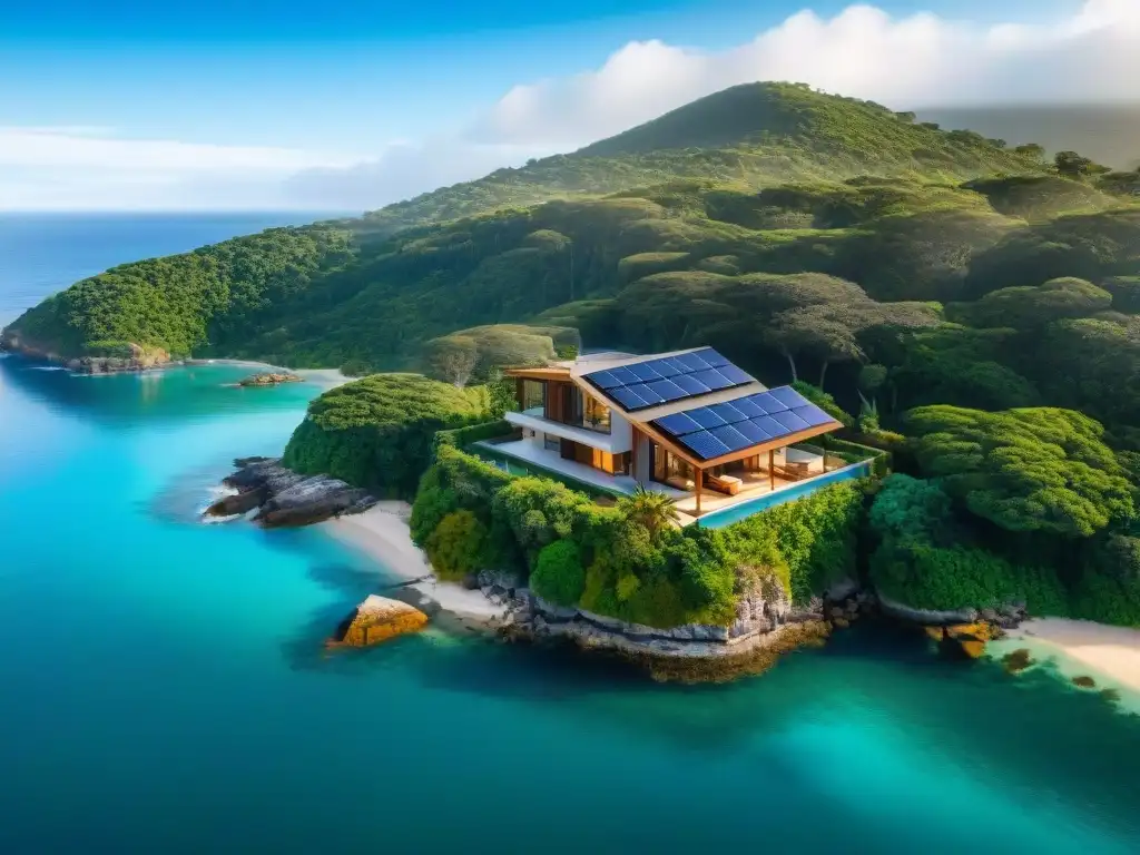Ecohogar costero: armonía sostenible frente al mar Vista aérea impresionante de casa ecoamigable con paneles solares, rodeada de naturaleza y agua cristalina
