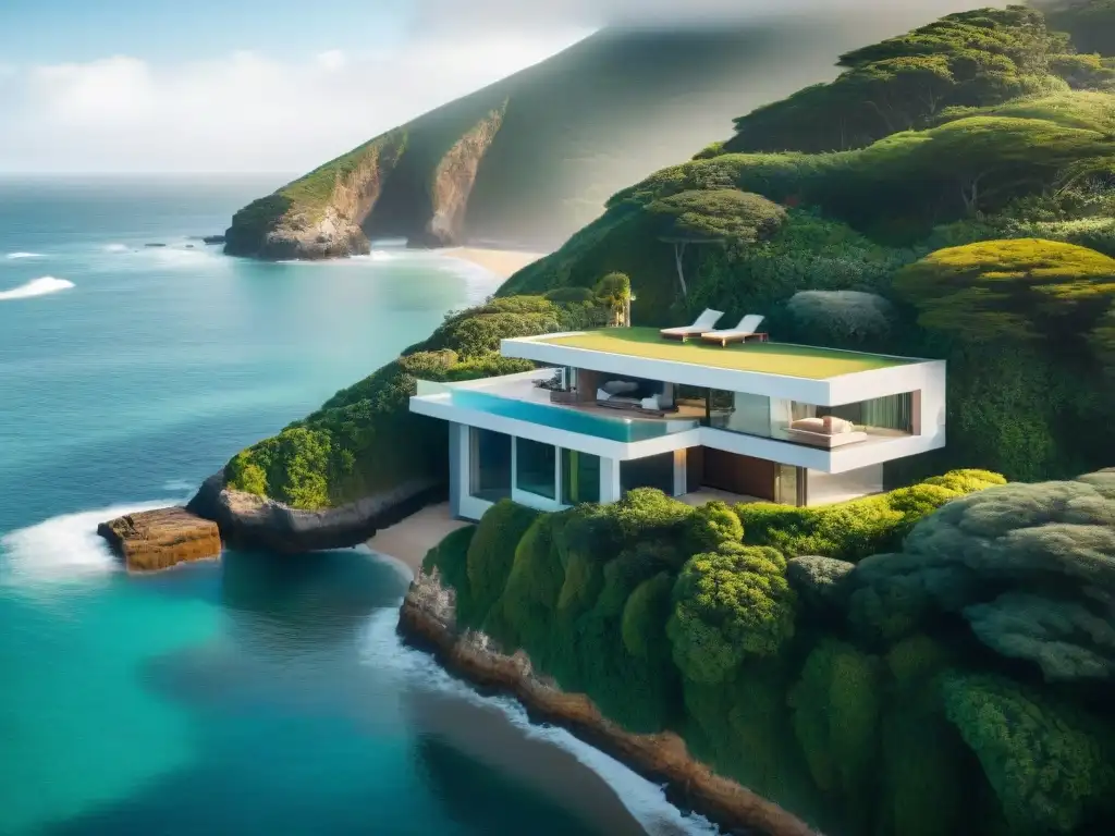 Residencia costera vanguardista: diseño moderno y vistas impresionantes Vista aérea impresionante de una casa costera de diseño arquitectura moderna en acantilado junto al mar