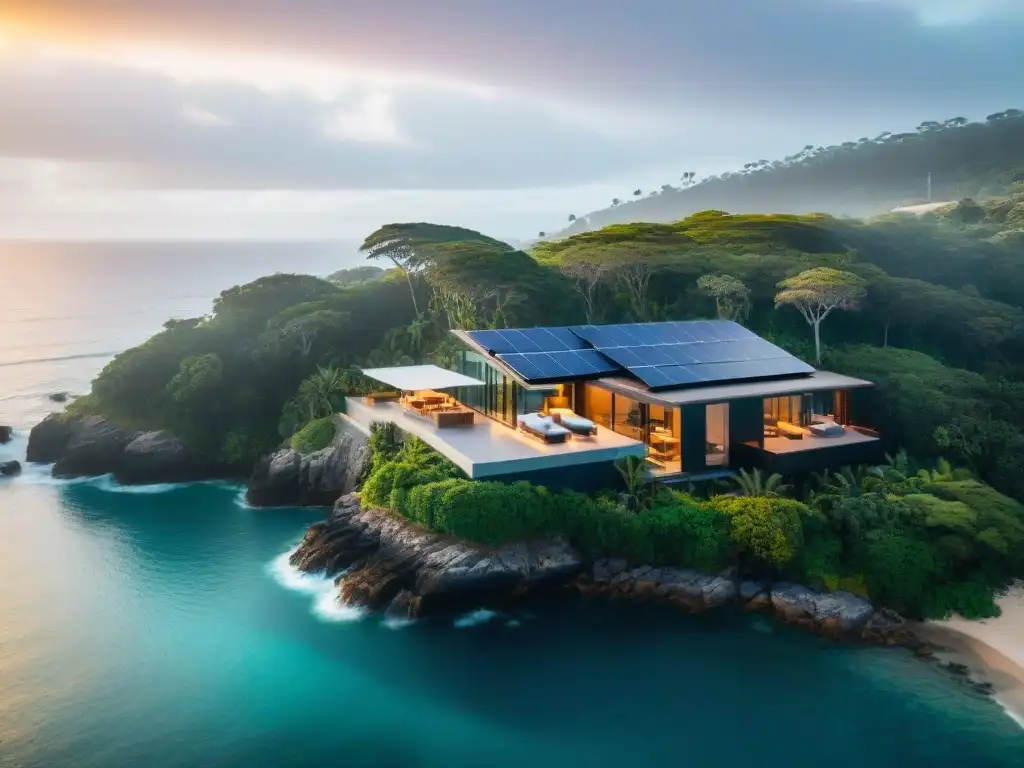 Residencia sostenible de lujo en acantilado con vistas al mar Vista aérea impresionante de casa costera sostenible autónoma en acantilado con paneles solares y vistas al mar