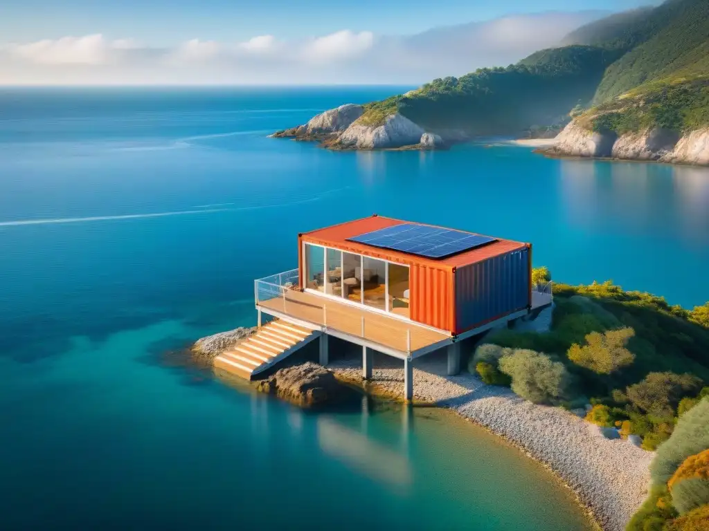 Vivienda contenedor en la costa: diseño innovador y sostenible Vista aérea impresionante de una casa contenedor moderna en la costa, integrando diseño innovador con entorno natural