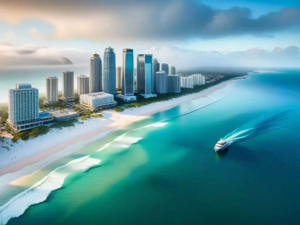 Costa urbana: ciudad costera con rascacielos y playas Vista aérea impresionante de ciudad costera con rascacielos y playas, fusionando urbanismo y naturaleza en mercado inmobiliario costero big data