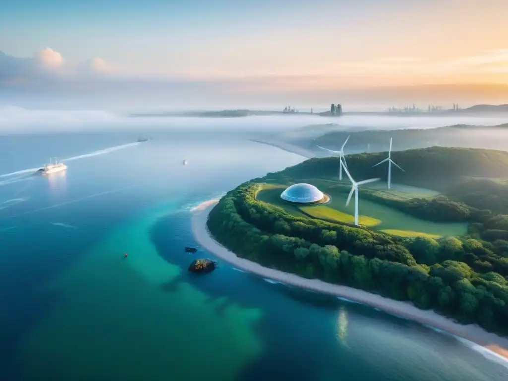 Visión aérea de ciudad costera futurista en armonía con la naturaleza Una vista aérea impresionante de una ciudad costera futurista, fusionando arquitectura sostenible con la naturaleza