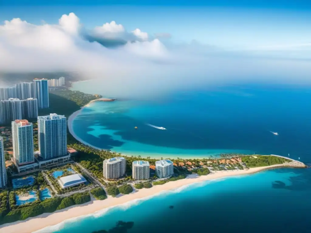 Inversión inmobiliaria costera: horizonte urbano frente al mar Vista aérea impresionante de ciudad costera con rascacielos modernos y playas, simbolizando el potencial crecimiento de REITs costeros