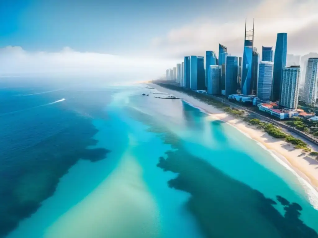 Horizonte costero: sinfonía urbana y natural Vista aérea impresionante de una ciudad costera con modernos rascacielos y olas del mar, ilustrando la inversión en REITs costeros mejor rendimiento