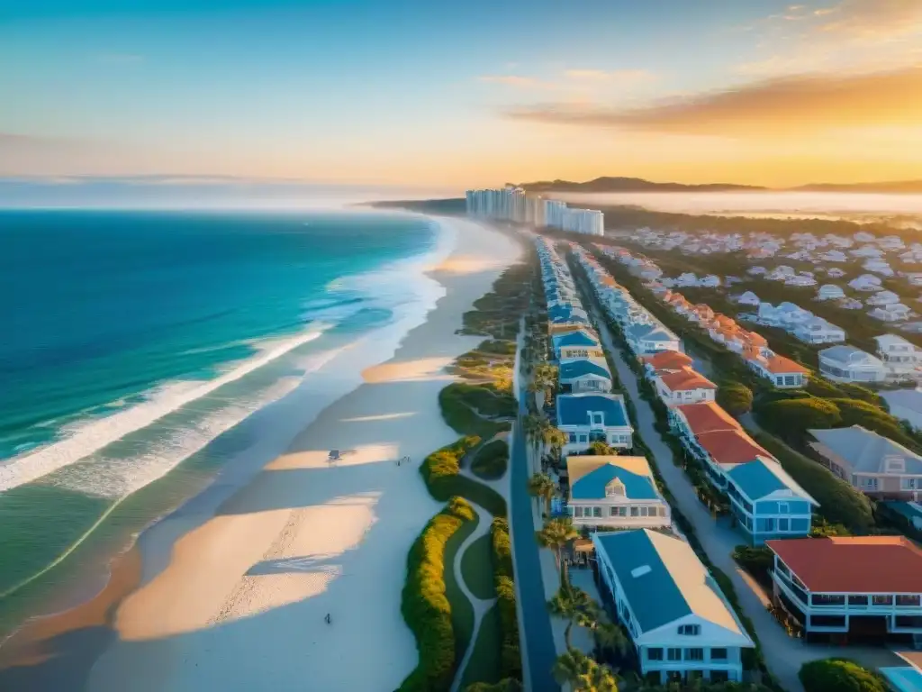 Inversiones costeras: atardecer dorado en ciudad playera Vista aérea impresionante de una ciudad costera con propiedades REITs costeros mejor rendimiento en la playa al atardecer