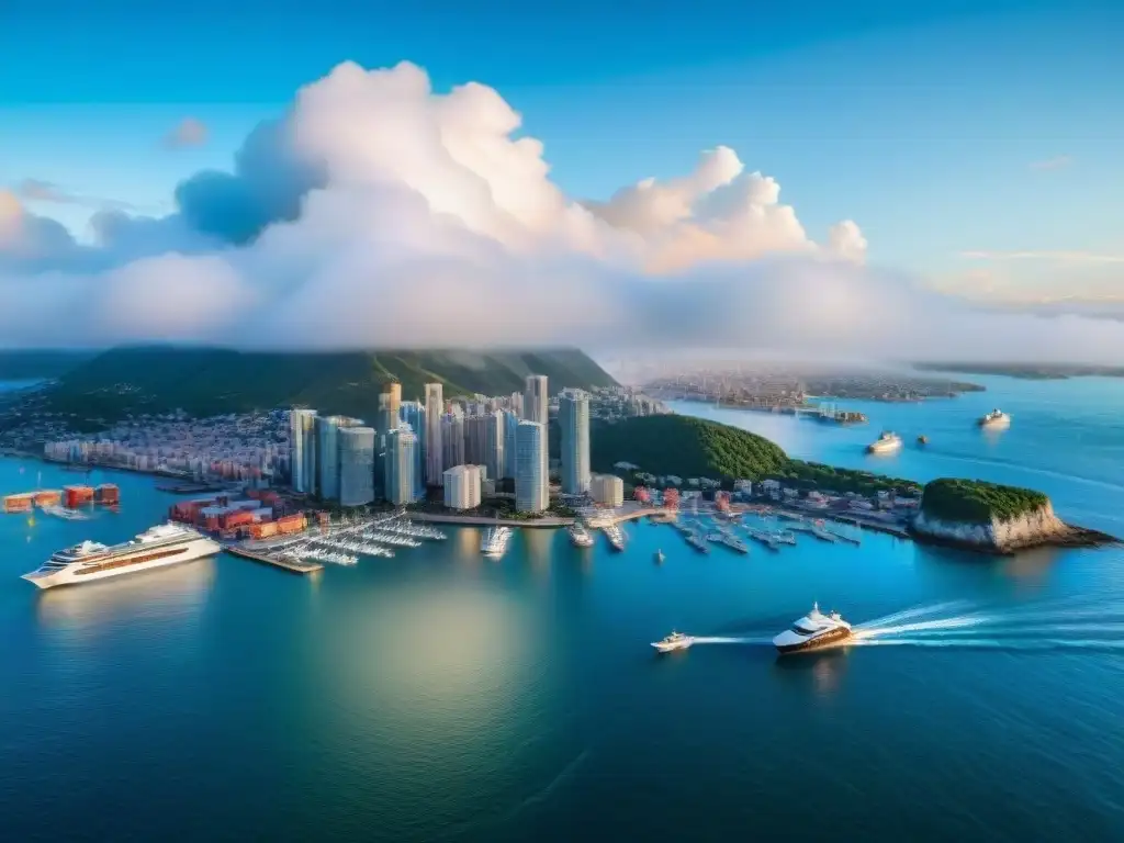 Espléndida vista aérea de ciudad costera: inversión inmobiliaria en auge Vista aérea impresionante de una ciudad costera vibrante con edificios modernos, barcos en el puerto, bajo un cielo azul